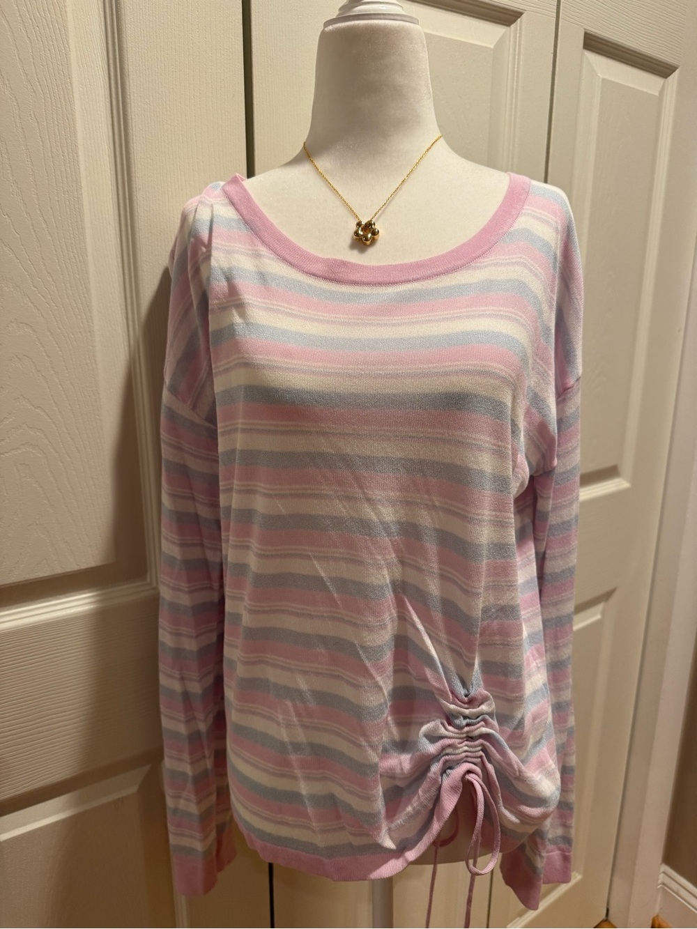 🩵 HEM & THREAD Pastel Striped Long Sleeve Top with Side Drawstring